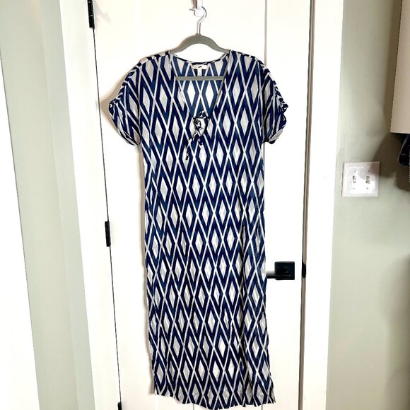 J. Crew Blue White Diamond Print Swim Cover-up Cotton Lightweight Beachy Midi XS - Picture 1 of 4